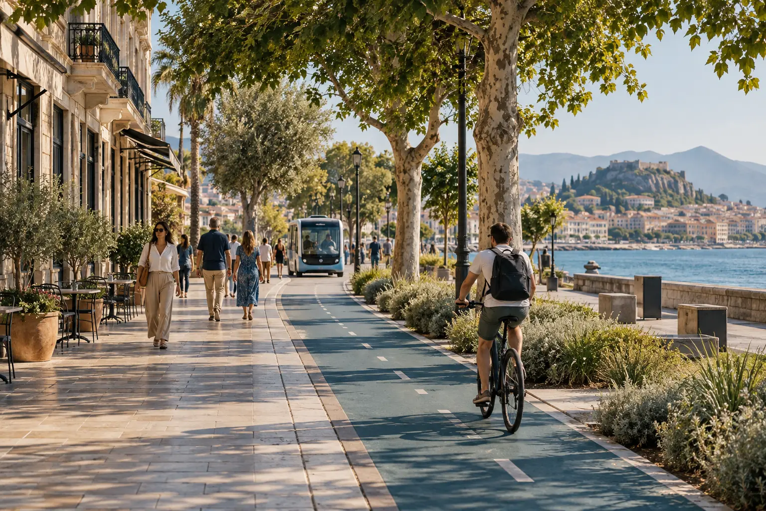 Παραθαλάσσιος πεζόδρομος με ποδηλατική διαδρομή και χώρους σκίασης.