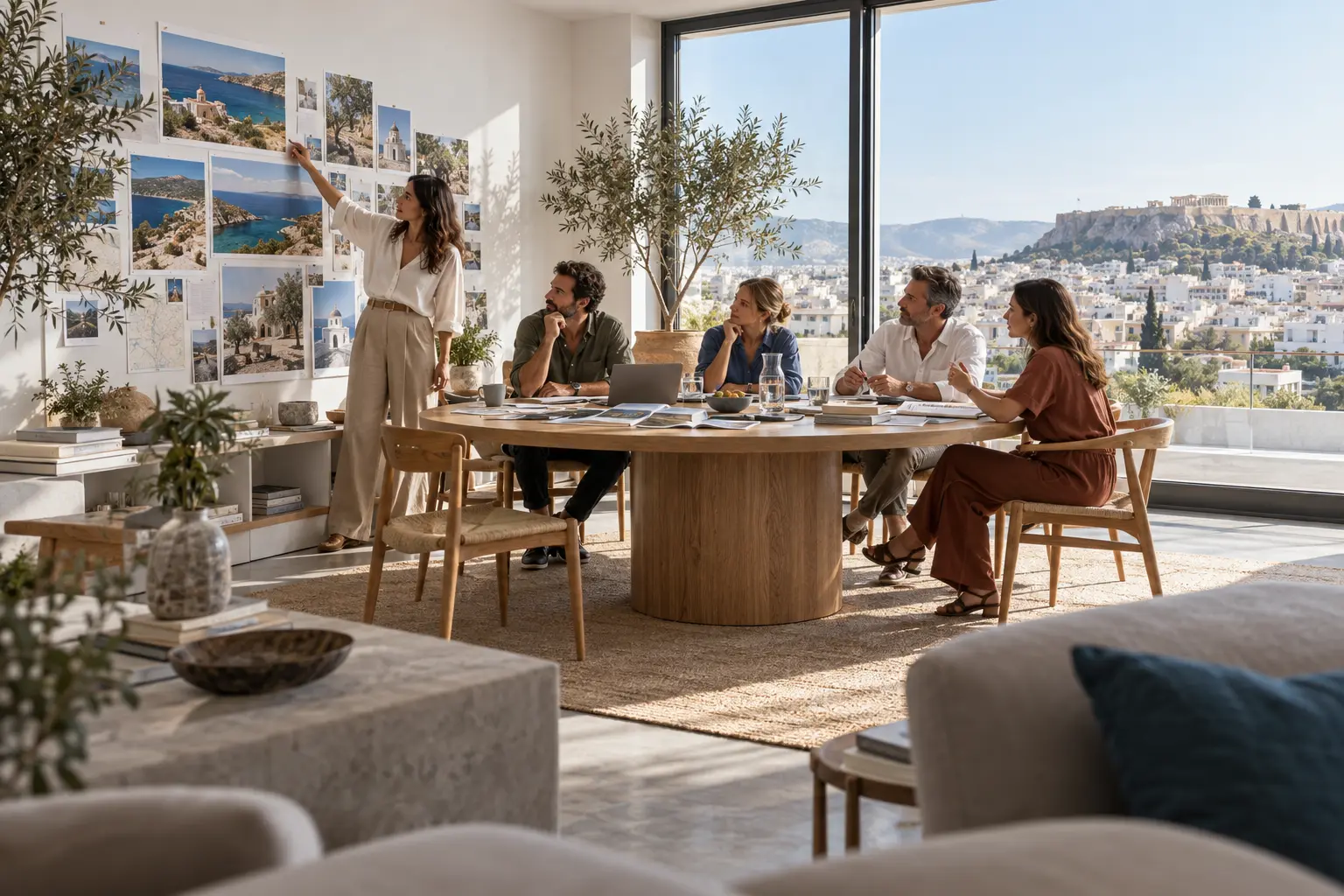Επαγγελματίες του τουρισμού εργάζονται γύρω από ένα μεγάλο τραπέζι σε φωτεινό χώρο