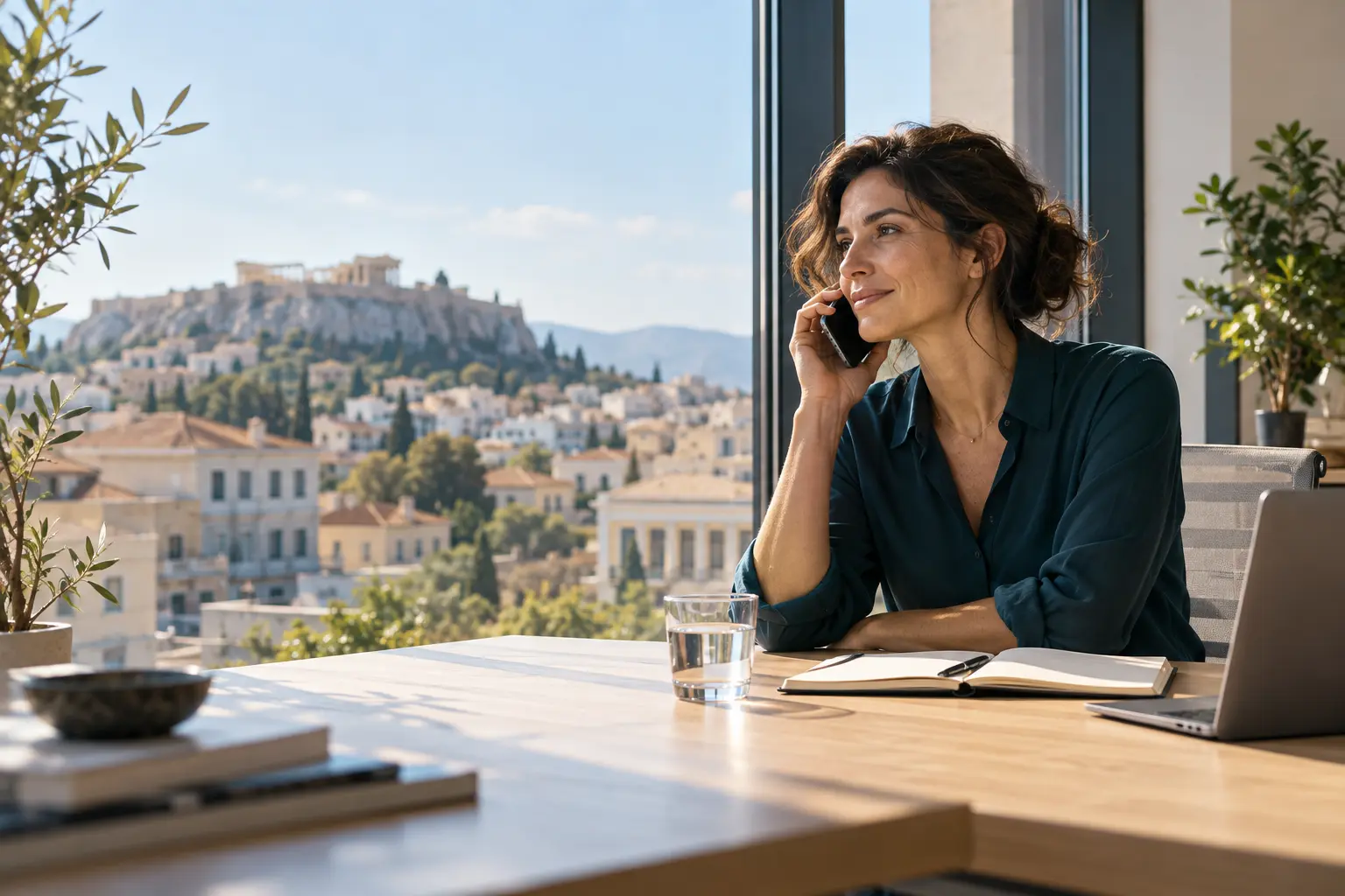 Επαγγελματίας συνομιλεί στο τηλέφωνο σε γραφείο με φυσικό φως