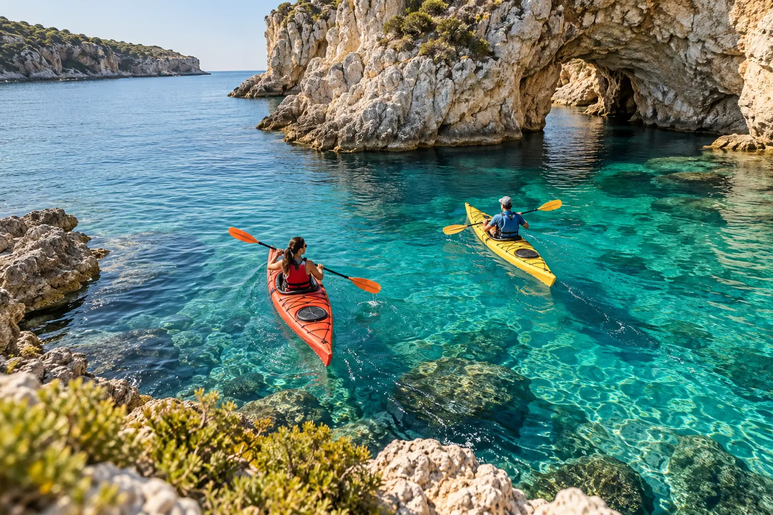 Δύο ταξιδιώτες κάνουν θαλάσσιο καγιάκ σε ήρεμο κόλπο.