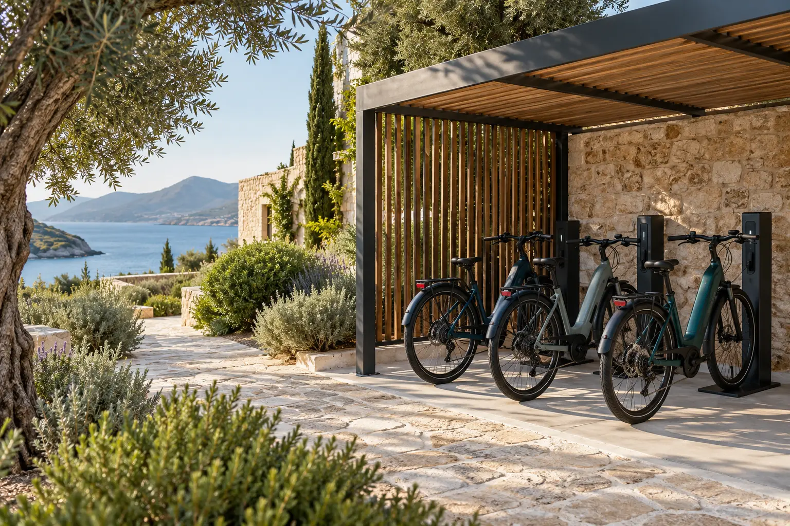 Ηλεκτρικά ποδήλατα σε οργανωμένο χώρο φόρτισης δίπλα σε κατάλυμα.