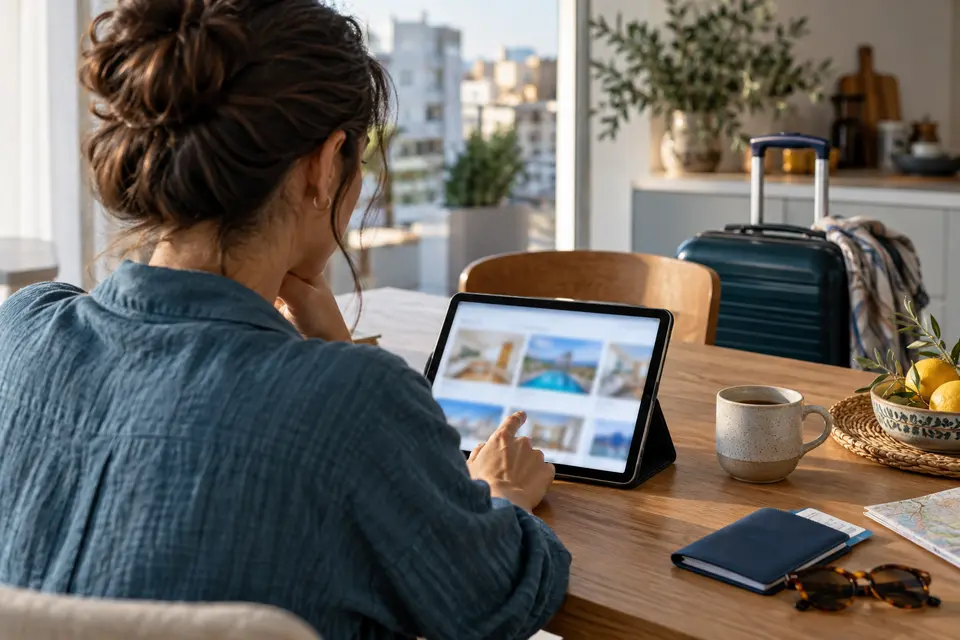 Ταξιδιώτης αναζητά διαμονή σε tablet δίπλα στις αποσκευές του.