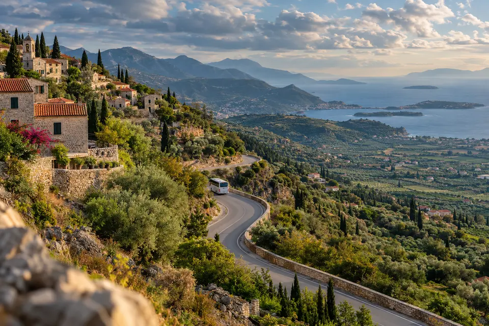 Ορεινός δρόμος συνδέει έναν μικρό οικισμό με την ελληνική ενδοχώρα.