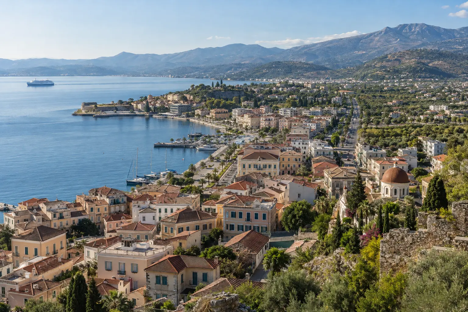 Παραθαλάσσια ελληνική πόλη συνδέεται με την ενδοχώρα και το φυσικό τοπίο.